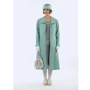 1920s fashion style linen summer coat in pastel blue with wing collar