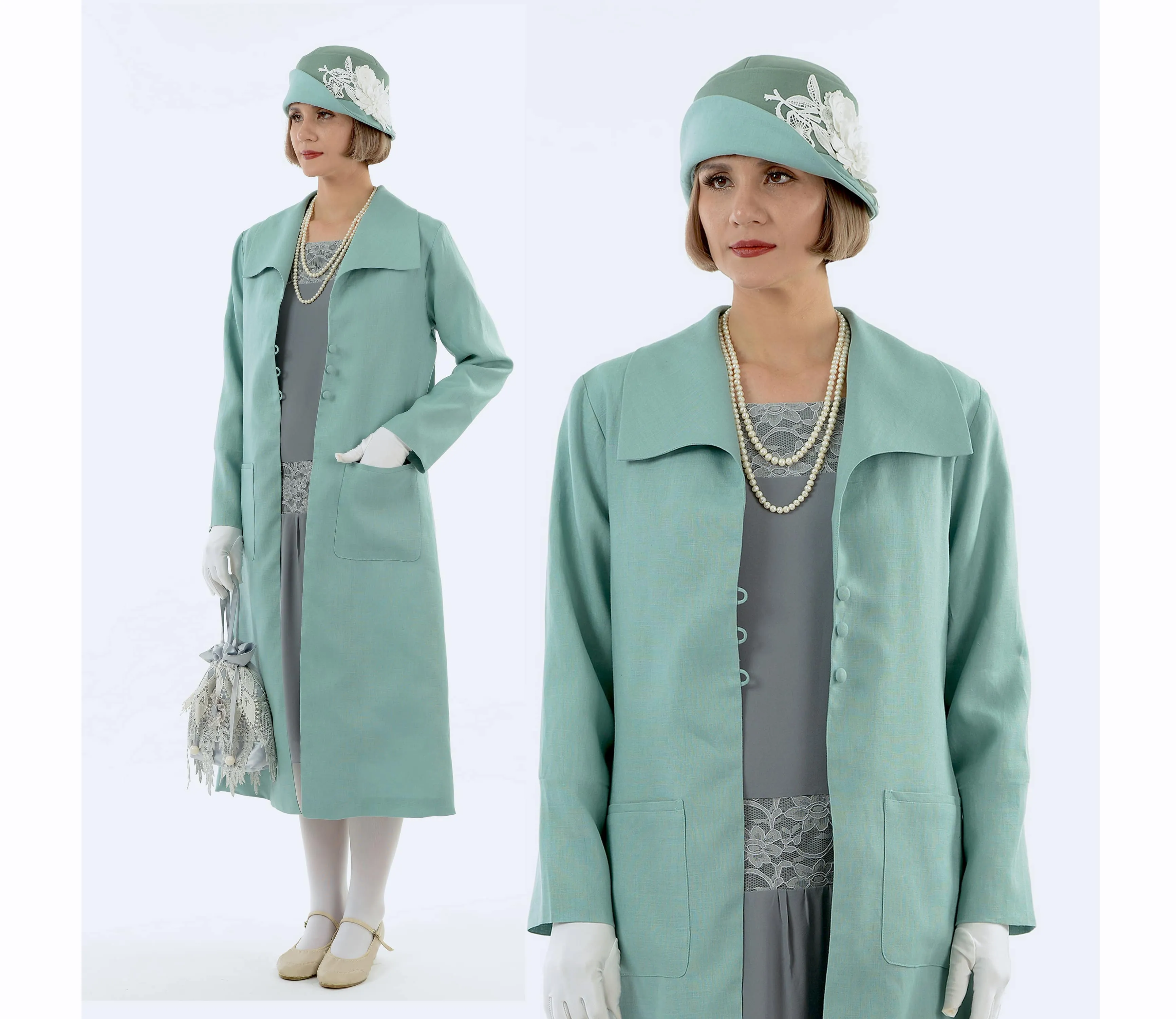 1920s fashion style linen summer coat in pastel blue with wing collar