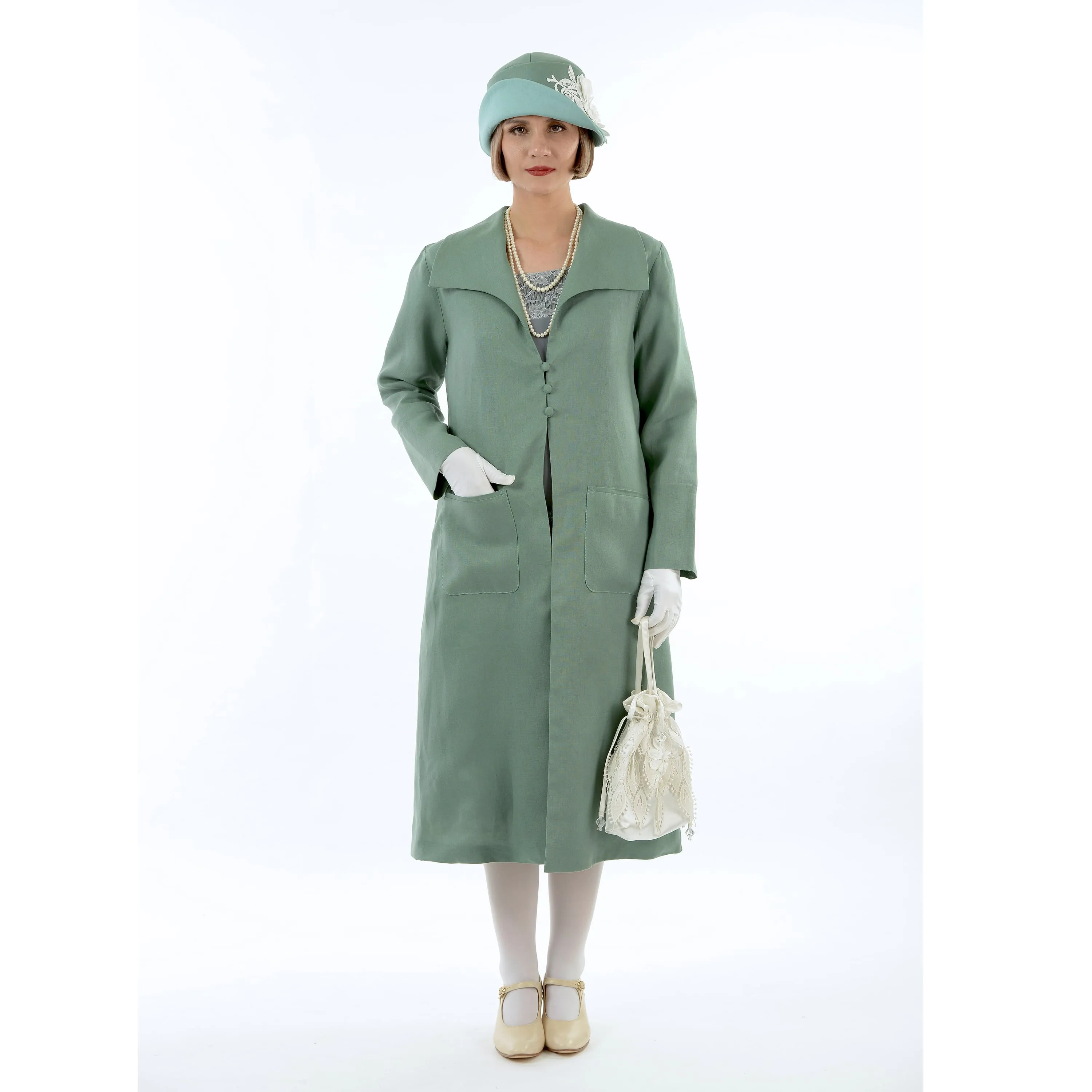 1920s summer daywear Great Gatsby linen coat in muted green