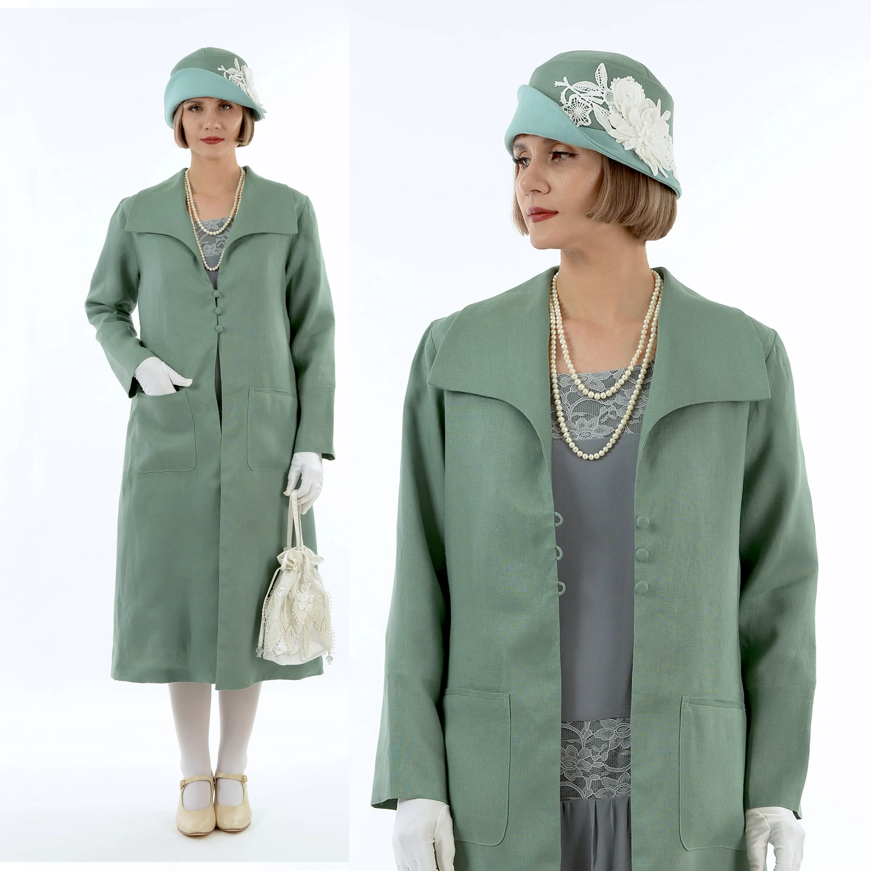 1920s summer daywear Great Gatsby linen coat in muted green