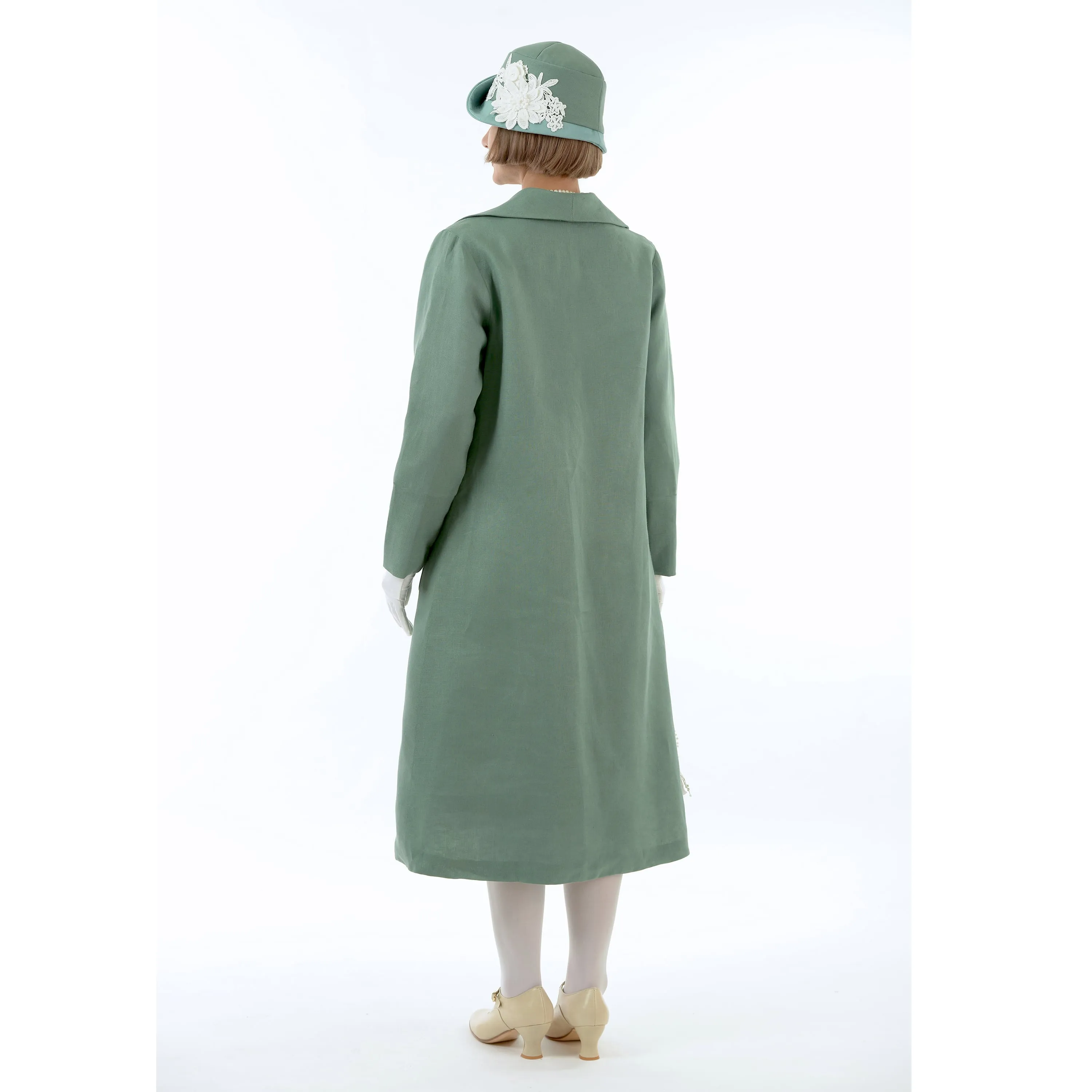 1920s summer daywear Great Gatsby linen coat in muted green