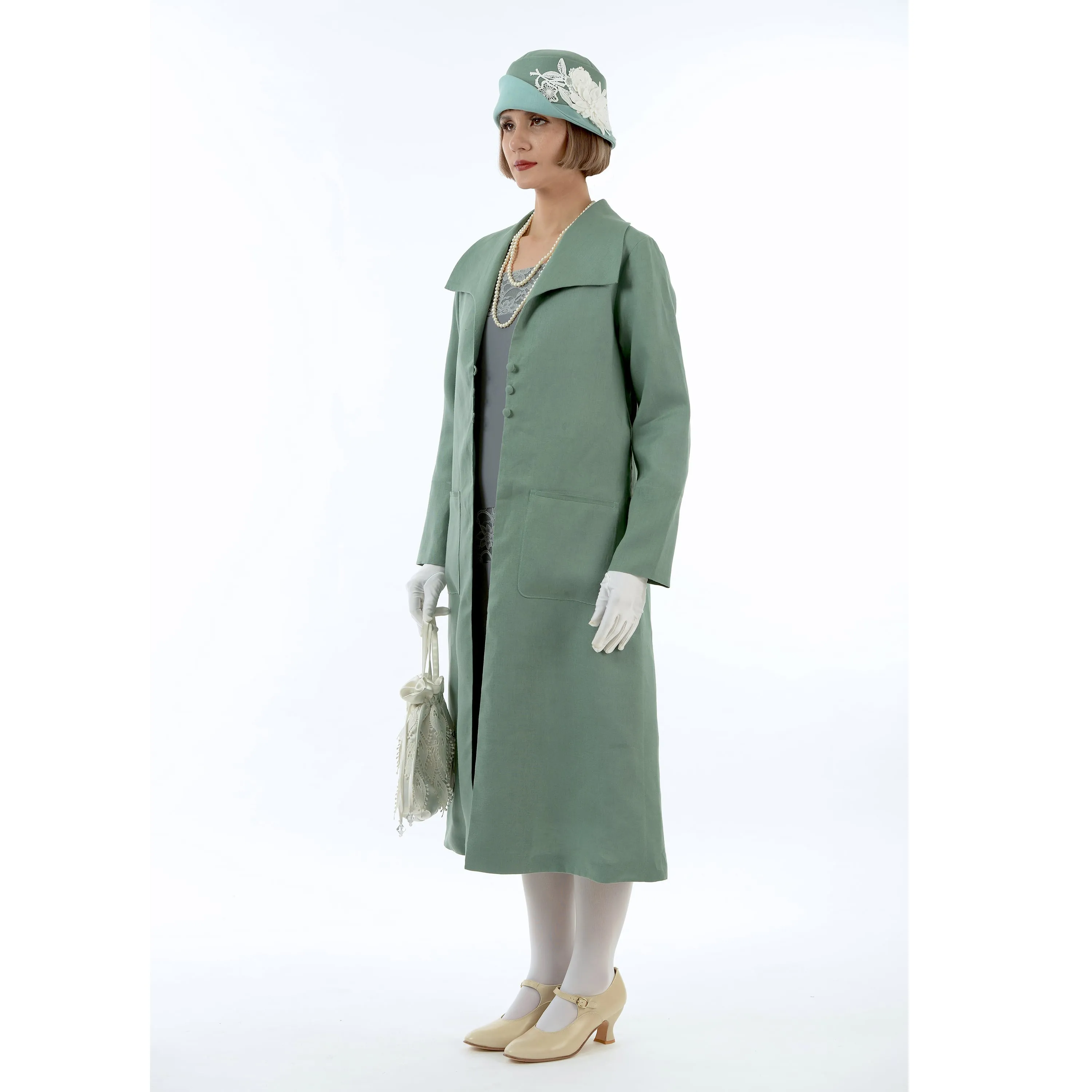 1920s summer daywear Great Gatsby linen coat in muted green