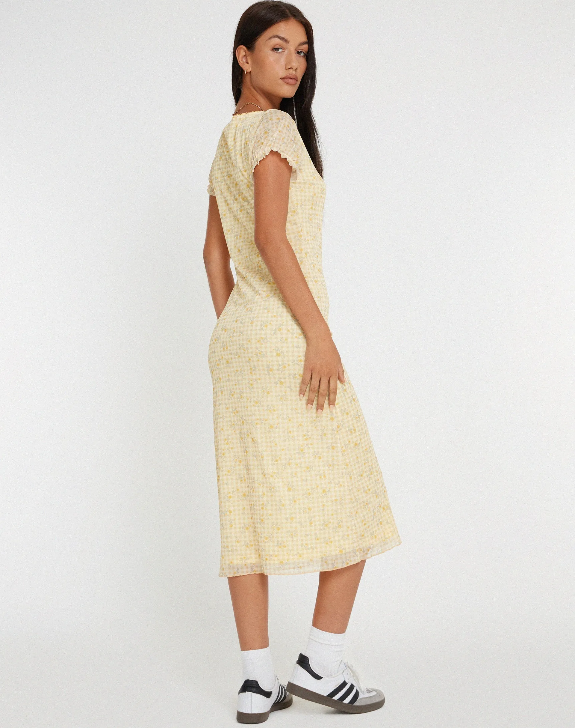 Aroha Midi Dress in Gingham Floral Yellow