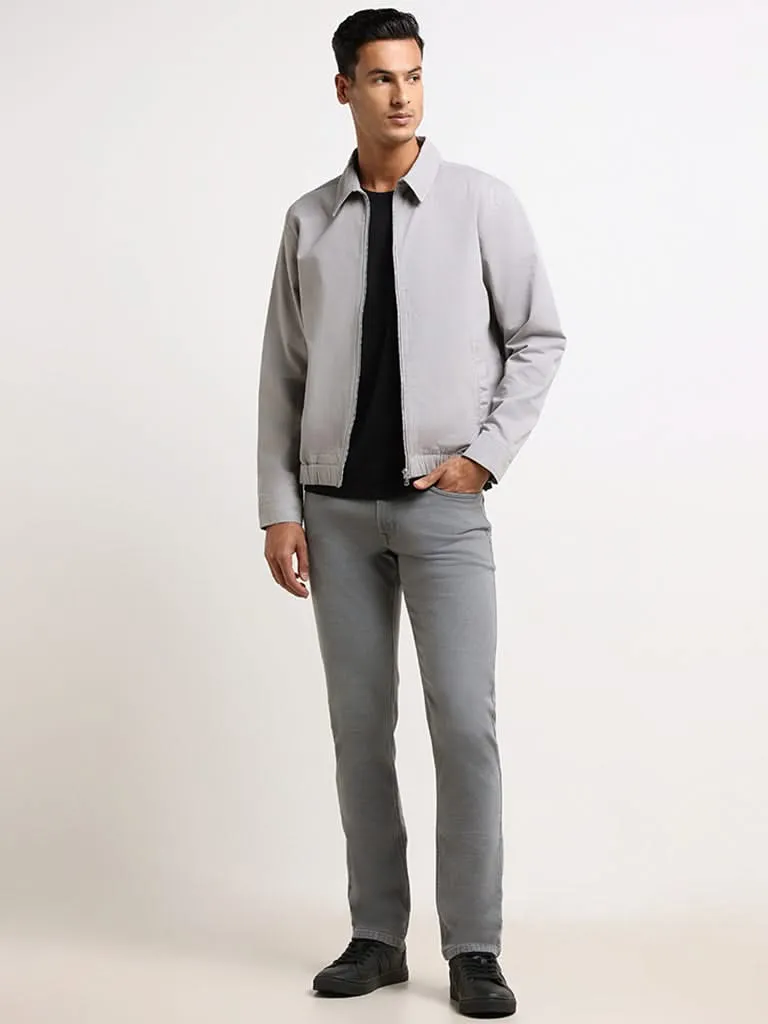 Ascot Grey Cotton Blend Relaxed Fit Bomber Jacket