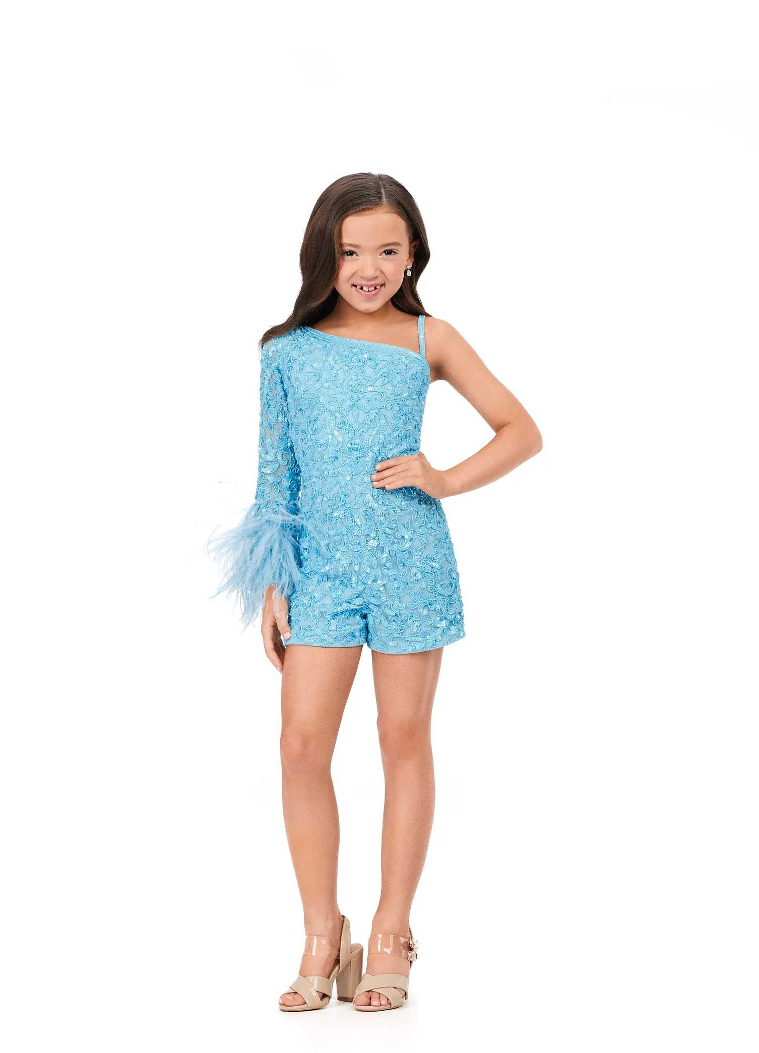 Ashley Lauren Kids 8192 Girls Pageant Romper One Shoulder Long Sleeve With Feather Detail Fully Beaded Romper