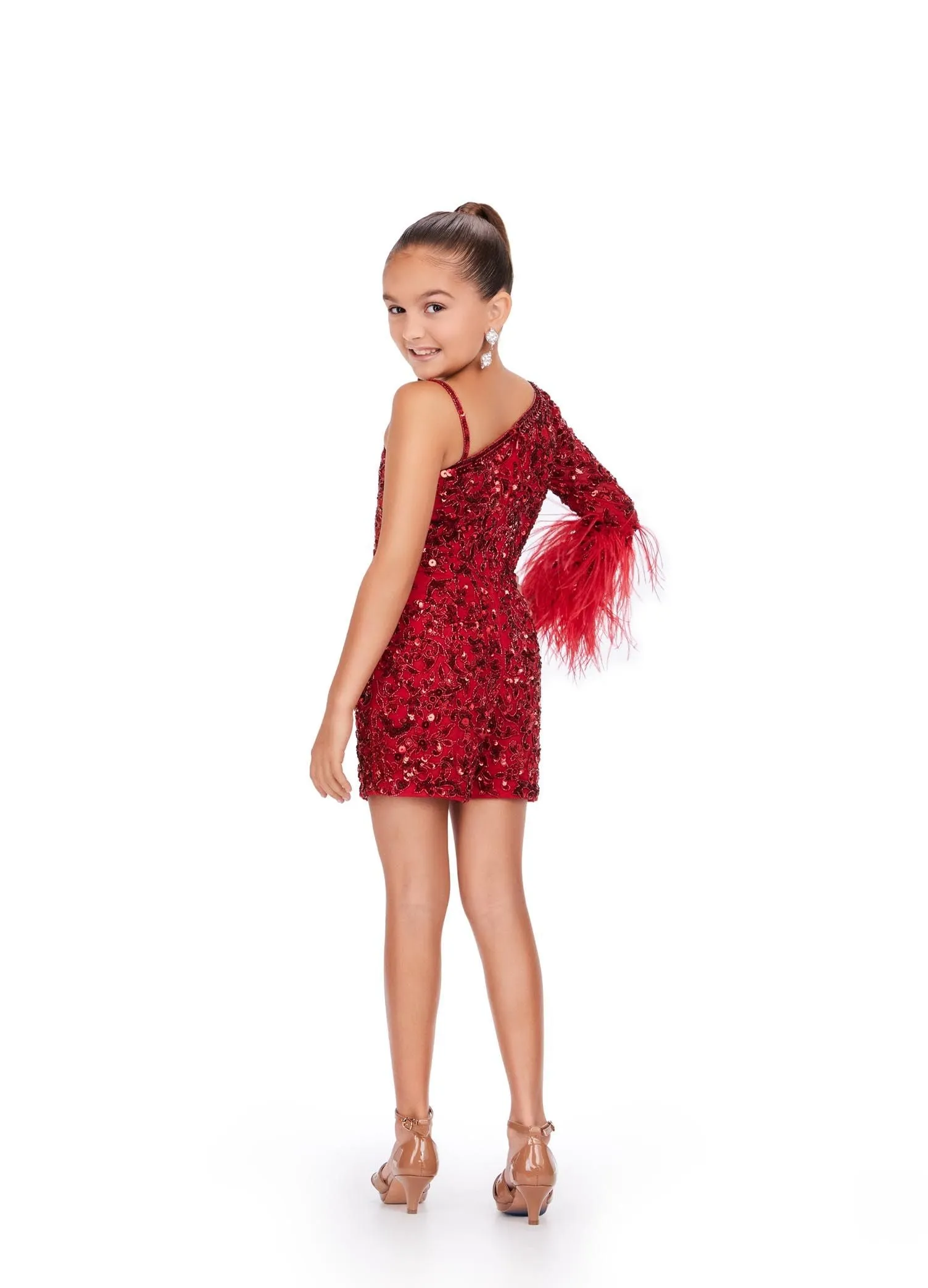 Ashley Lauren Kids 8192 Girls Pageant Romper One Shoulder Long Sleeve With Feather Detail Fully Beaded Romper