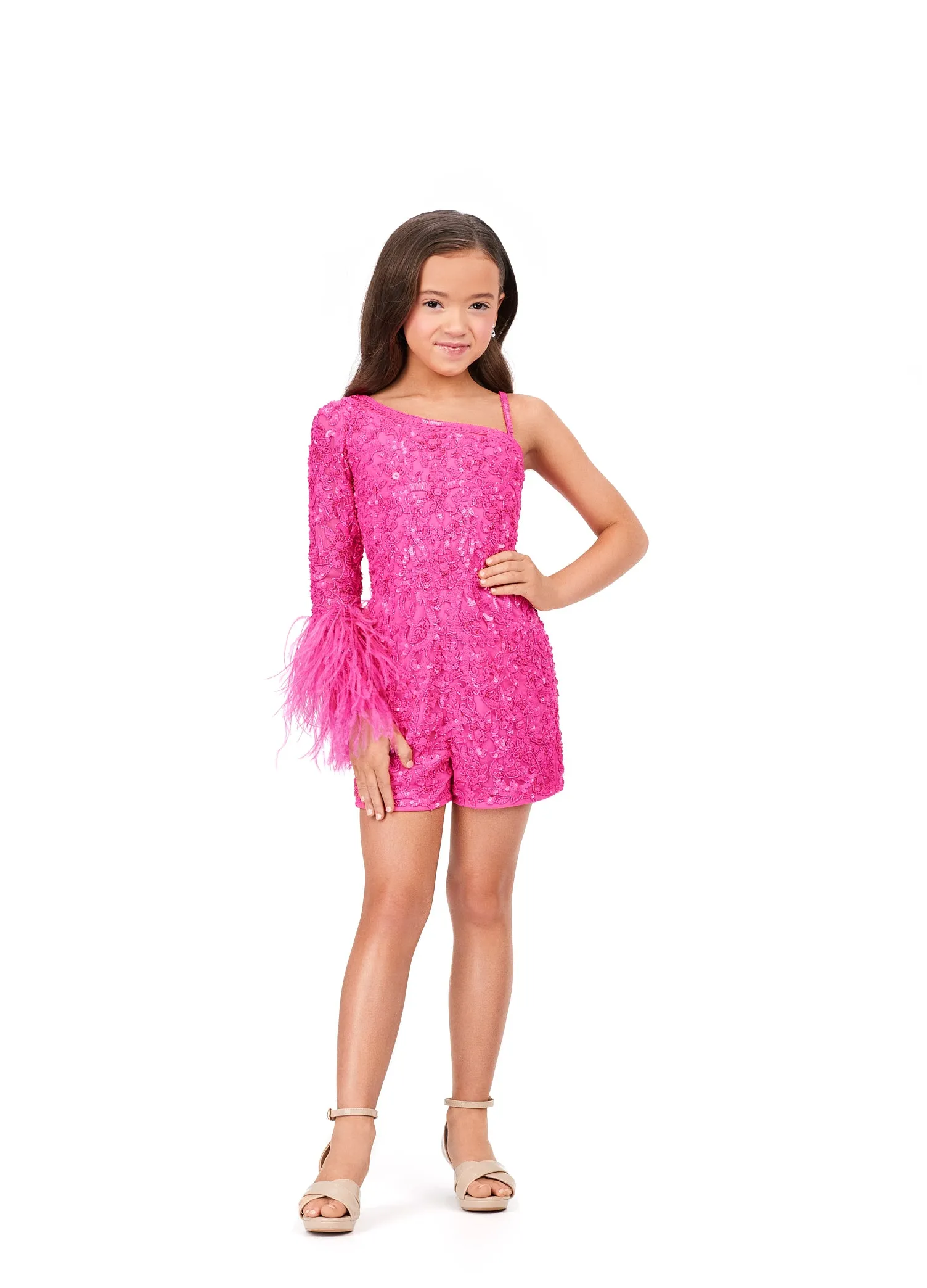 Ashley Lauren Kids 8192 Girls Pageant Romper One Shoulder Long Sleeve With Feather Detail Fully Beaded Romper