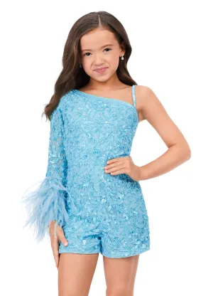 Ashley Lauren Kids 8192 Girls Pageant Romper One Shoulder Long Sleeve With Feather Detail Fully Beaded Romper