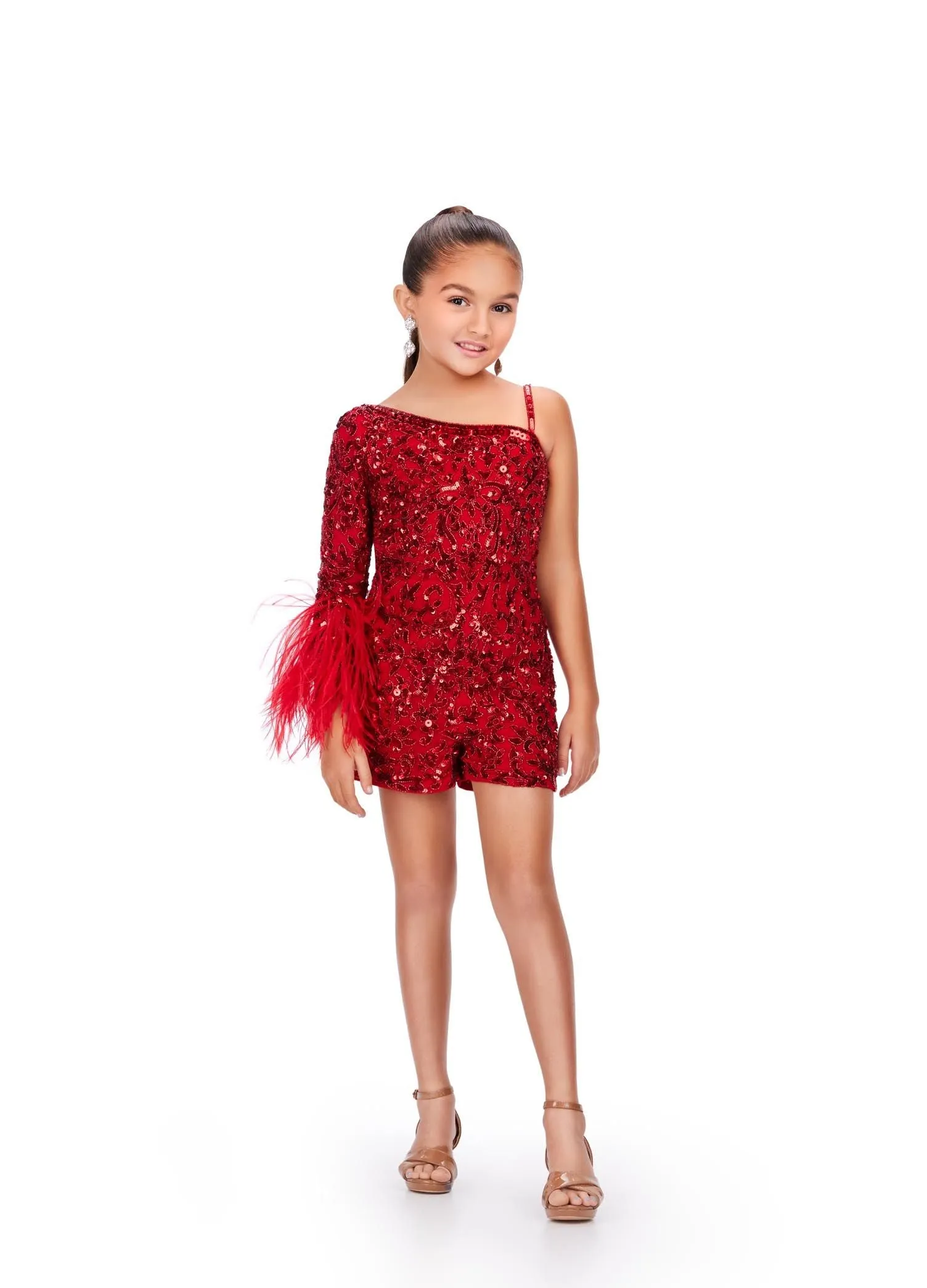 Ashley Lauren Kids 8192 Girls Pageant Romper One Shoulder Long Sleeve With Feather Detail Fully Beaded Romper