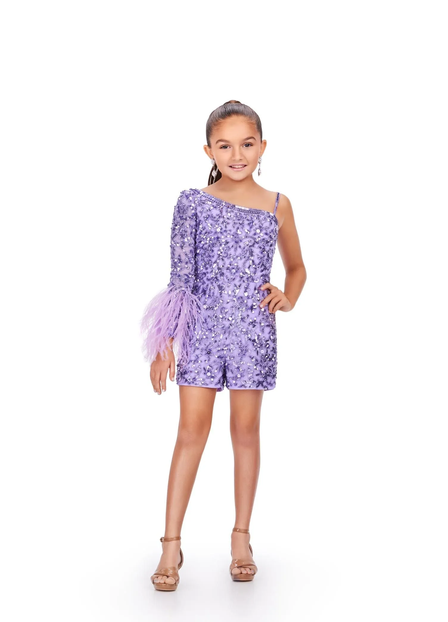 Ashley Lauren Kids 8192 Girls Pageant Romper One Shoulder Long Sleeve With Feather Detail Fully Beaded Romper