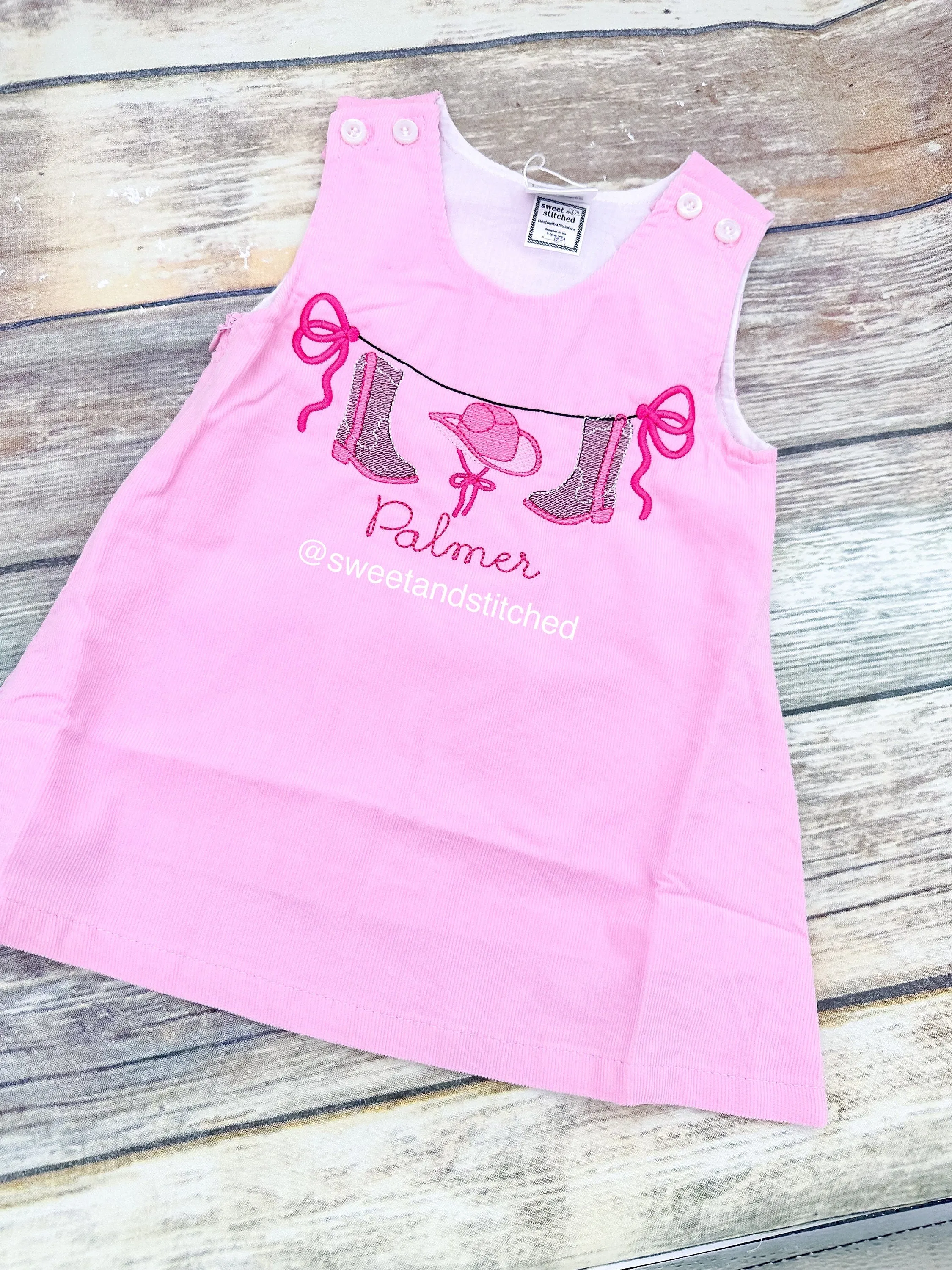 Baby girl monogrammed cowboy birthday jumper dress, monogrammed cowgirl birthday party outfit, boots birthday cake smash