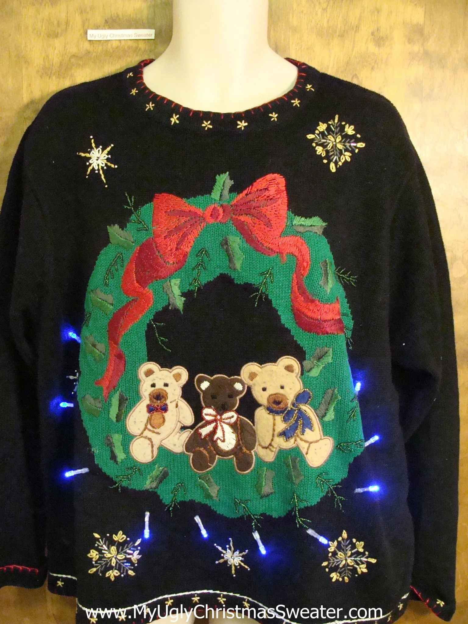 Bad Tacky Light Up Ugly Xmas Sweater with a Teddy Bear Trio