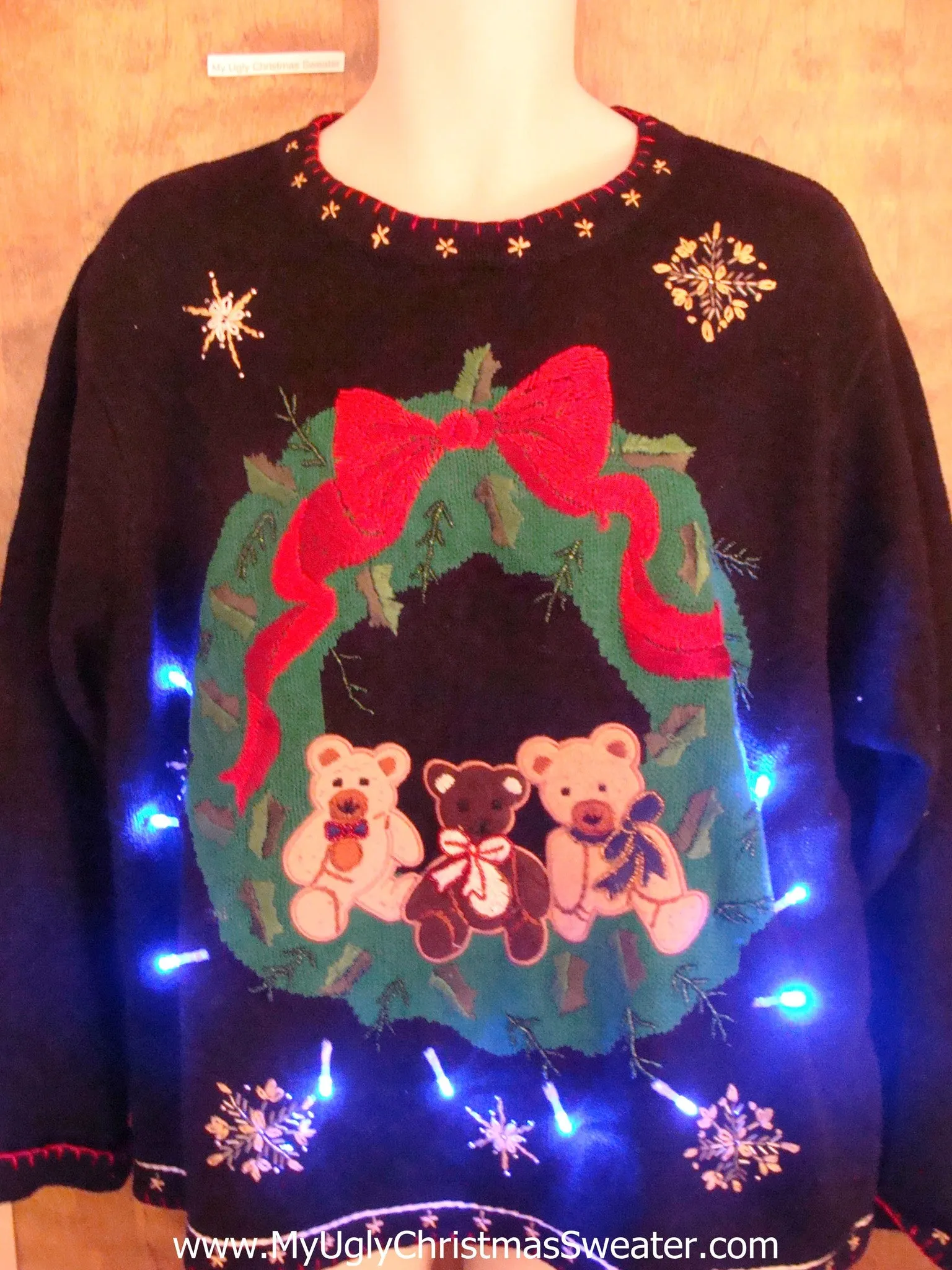 Bad Tacky Light Up Ugly Xmas Sweater with a Teddy Bear Trio