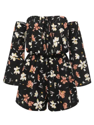 Black 1950s Off-Shoulder Floral Romper