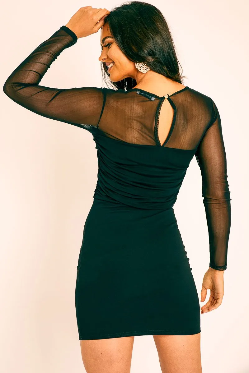 Black Ruched Mesh Bodycon Mini Dress - Elysa