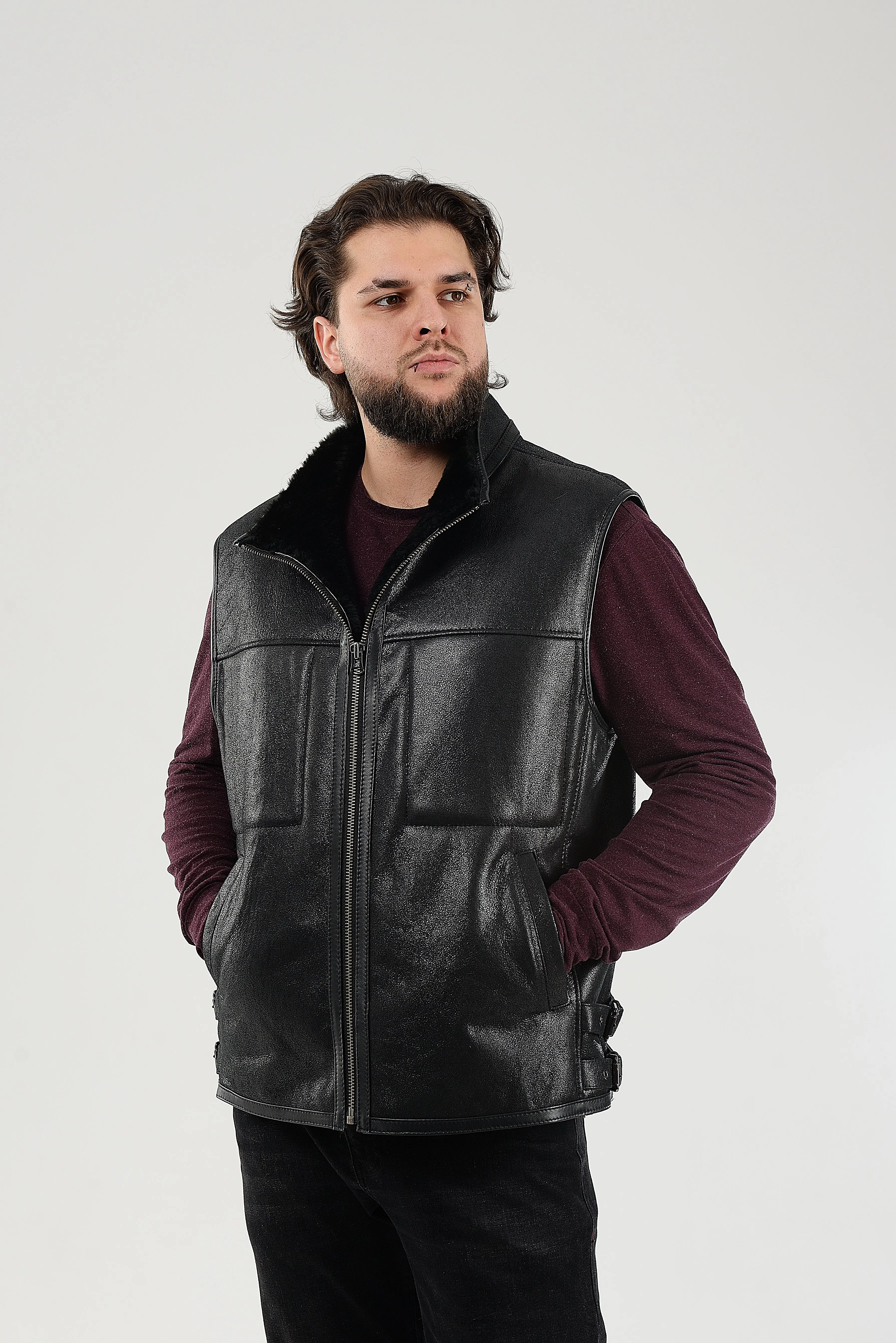 Black Sheepskin Shearling Vest with Special Spray Coating with Front-Zip Pocket