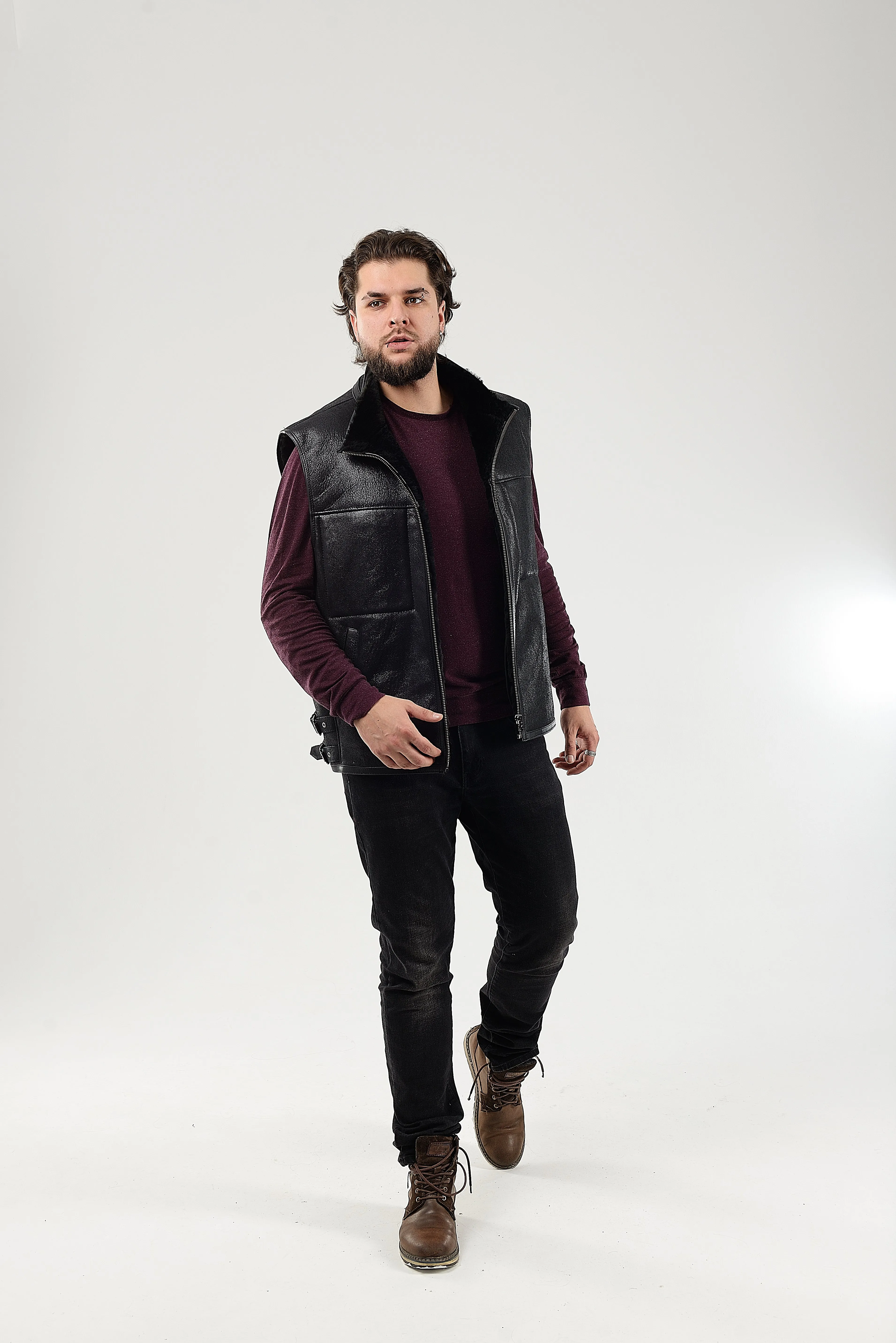 Black Sheepskin Shearling Vest with Special Spray Coating with Front-Zip Pocket