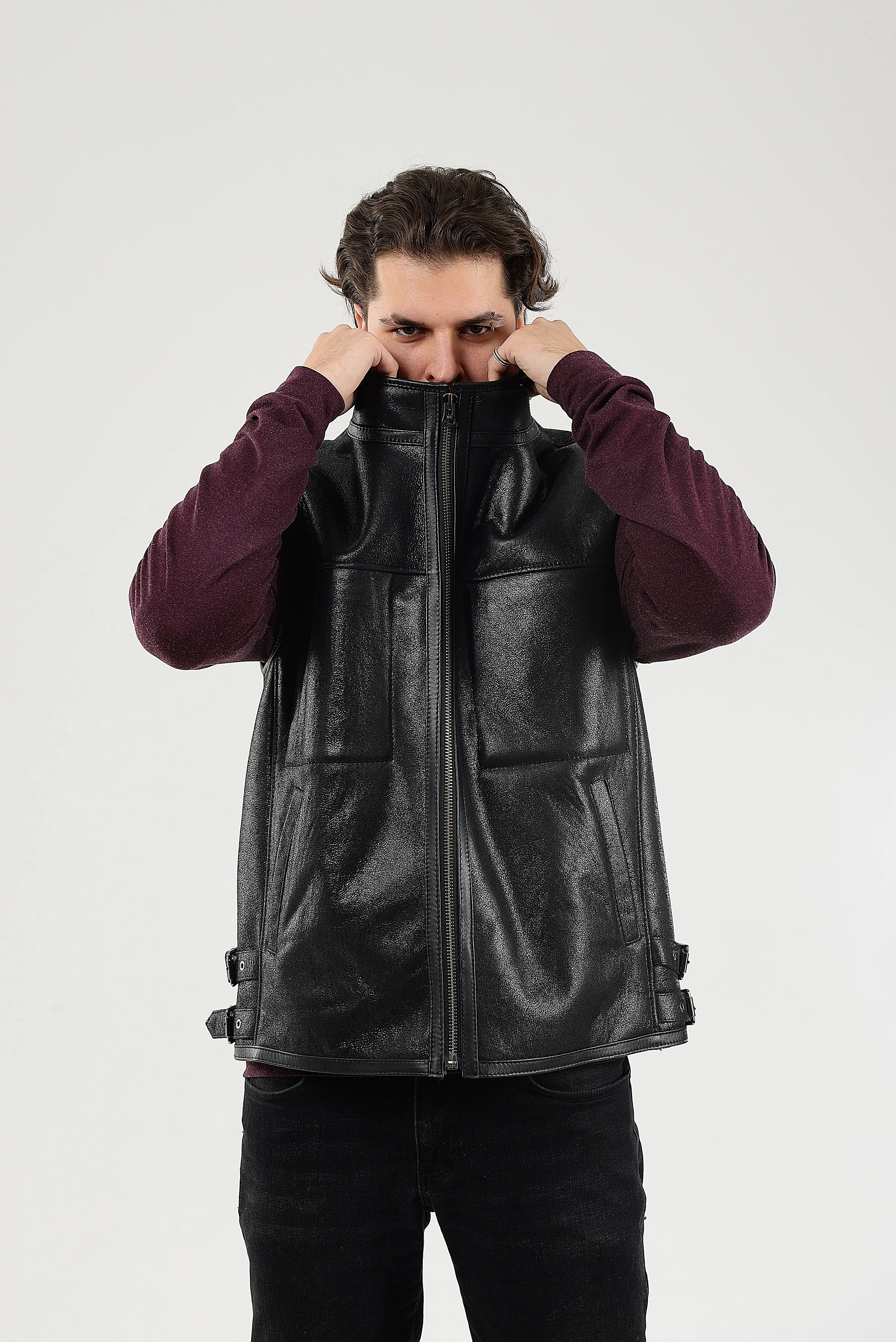 Black Sheepskin Shearling Vest with Special Spray Coating with Front-Zip Pocket