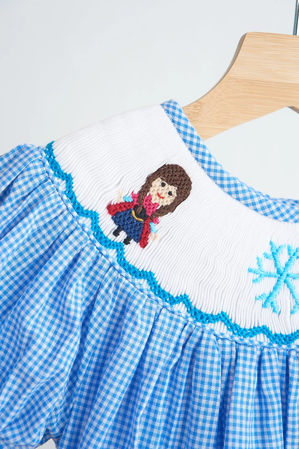 Blue snow princess hand smocked gingham girl romper