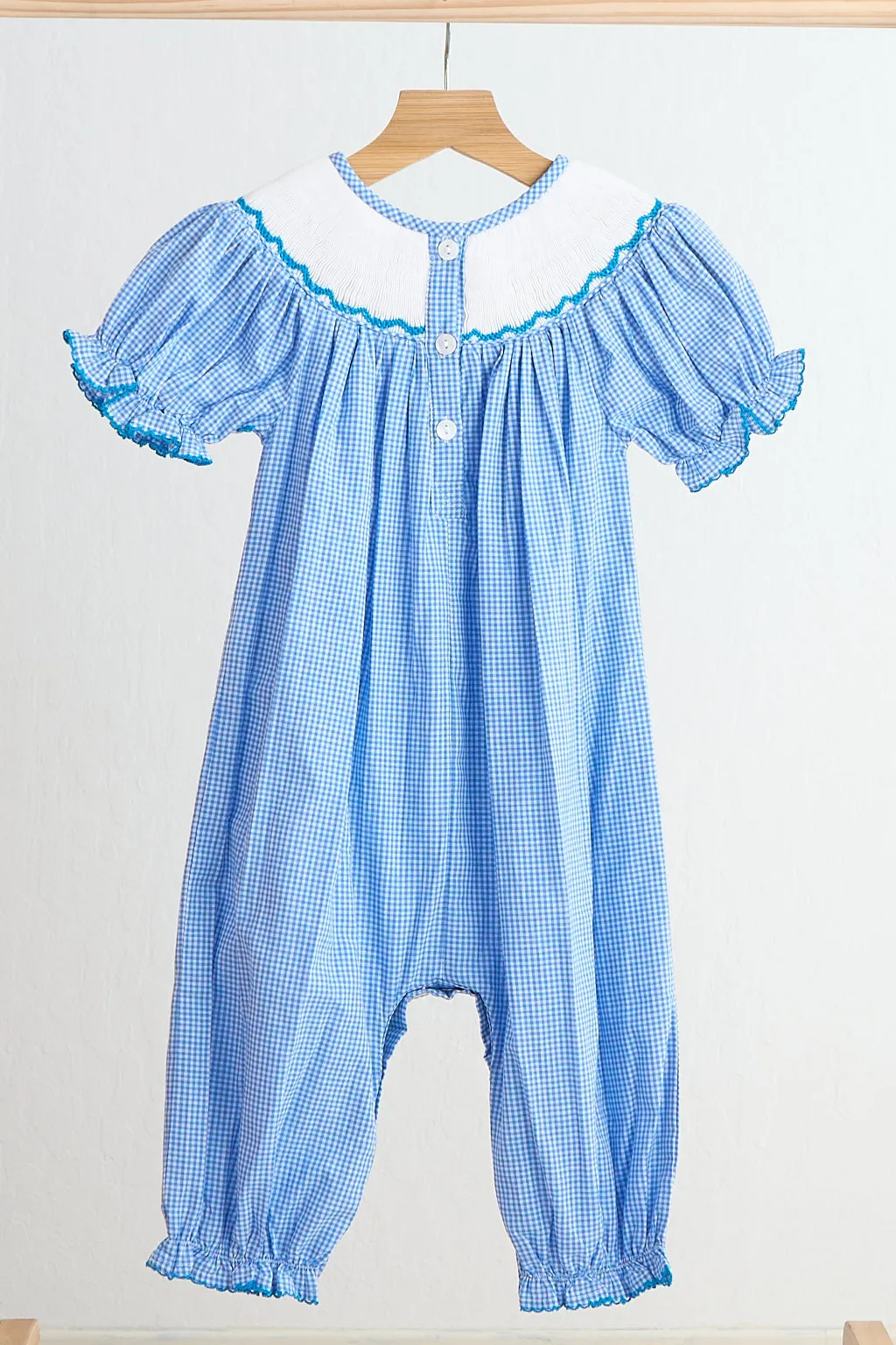 Blue snow princess hand smocked gingham girl romper