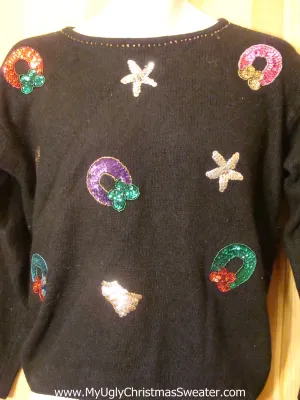 Cheap Ugly Christmas Sweater with Sequin Bling Wreaths