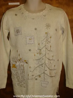 Cheap Ugly Festive Xmas Sweater with Tree and Fireplace Scene