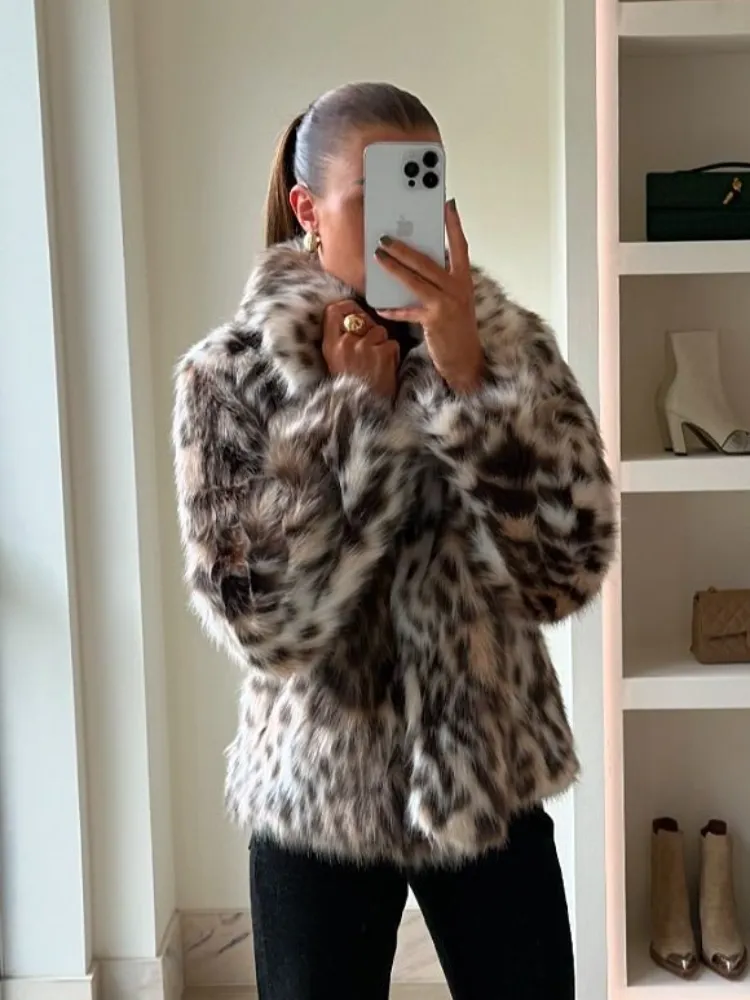 christmas outfit Sonicelife New Fashion Leopard Printed Warm Faux Fur Coat Chic Lapel Long Sleeve Women's Fluffy Furry Jacket Thick Lady Chic Outerwear 2024