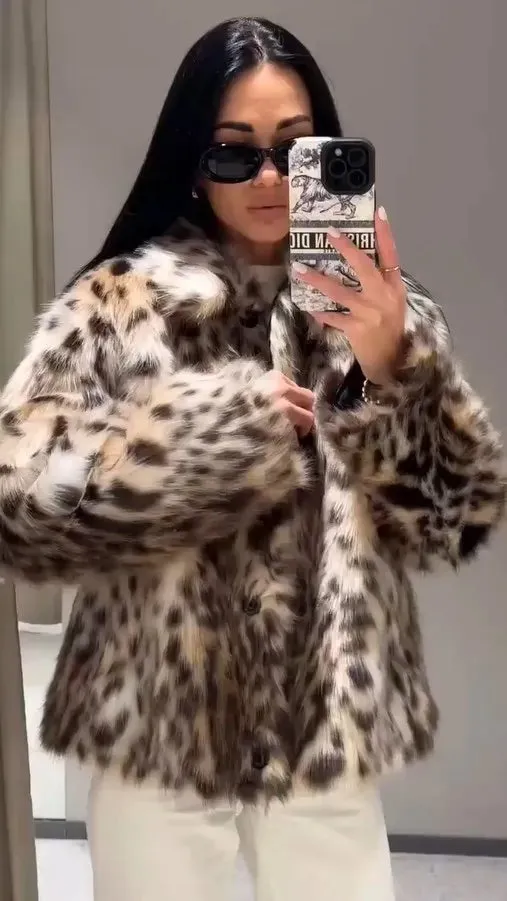 christmas outfit Sonicelife New Fashion Leopard Printed Warm Faux Fur Coat Chic Lapel Long Sleeve Women's Fluffy Furry Jacket Thick Lady Chic Outerwear 2024