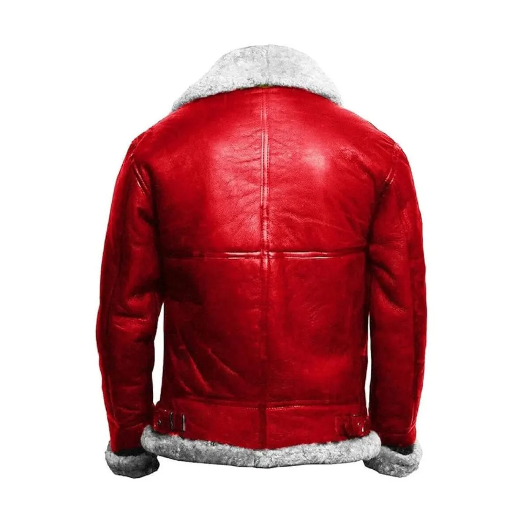 Christmas Red A2 Bomber Aviator Fur Leather Jacket