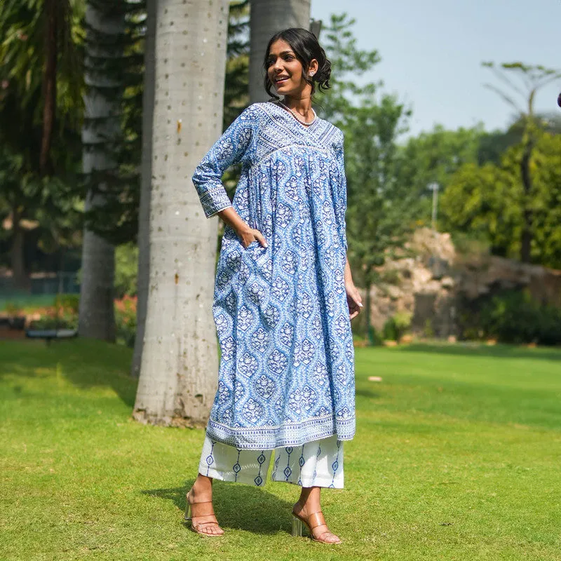 Cotton Blue Anarkali Kurta Set for Women | Block Printed