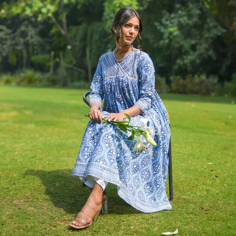 Cotton Blue Anarkali Kurta Set for Women | Block Printed