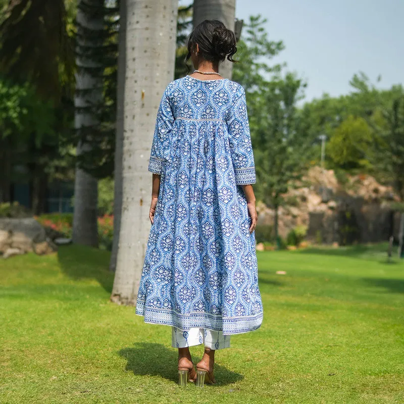 Cotton Blue Anarkali Kurta Set for Women | Block Printed