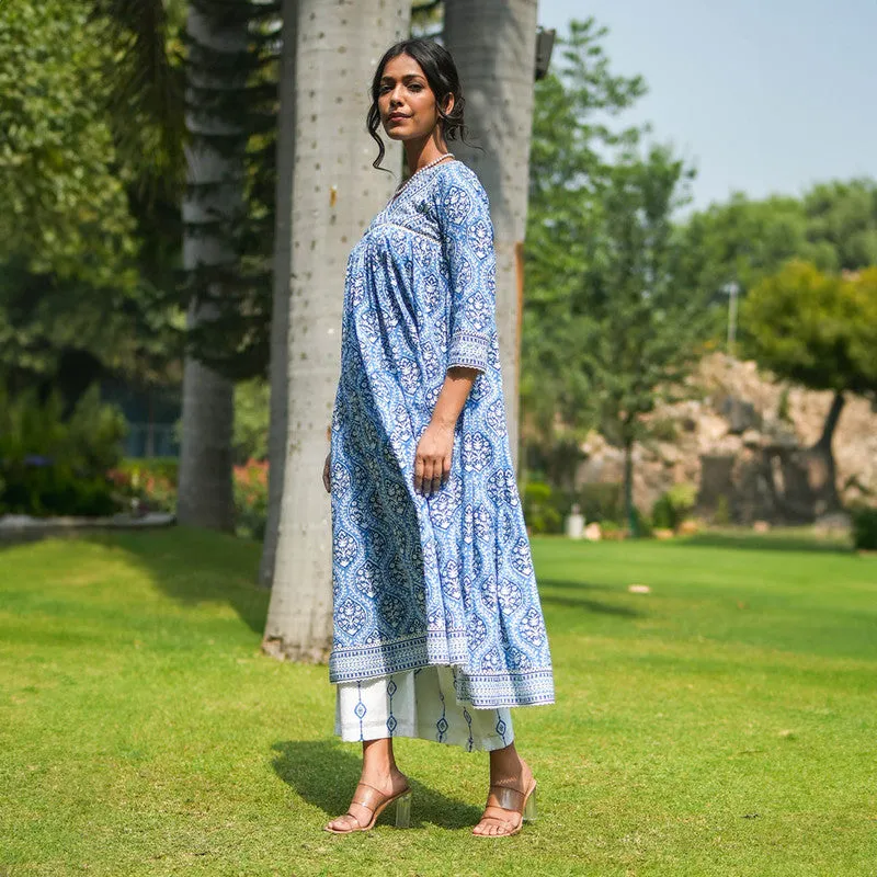 Cotton Blue Anarkali Kurta Set for Women | Block Printed