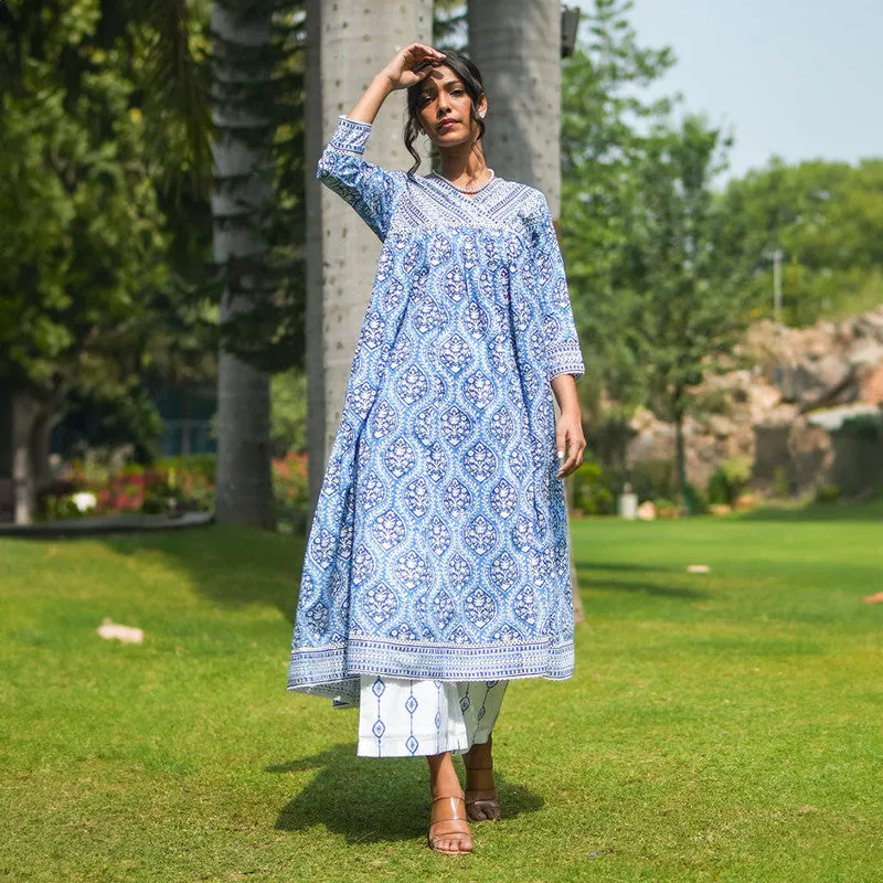 Cotton Blue Anarkali Kurta Set for Women | Block Printed