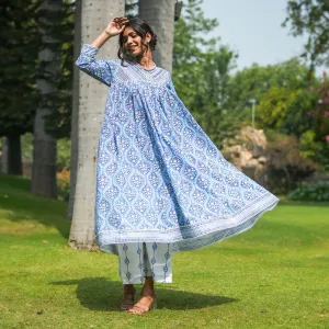 Cotton Blue Anarkali Kurta Set for Women | Block Printed