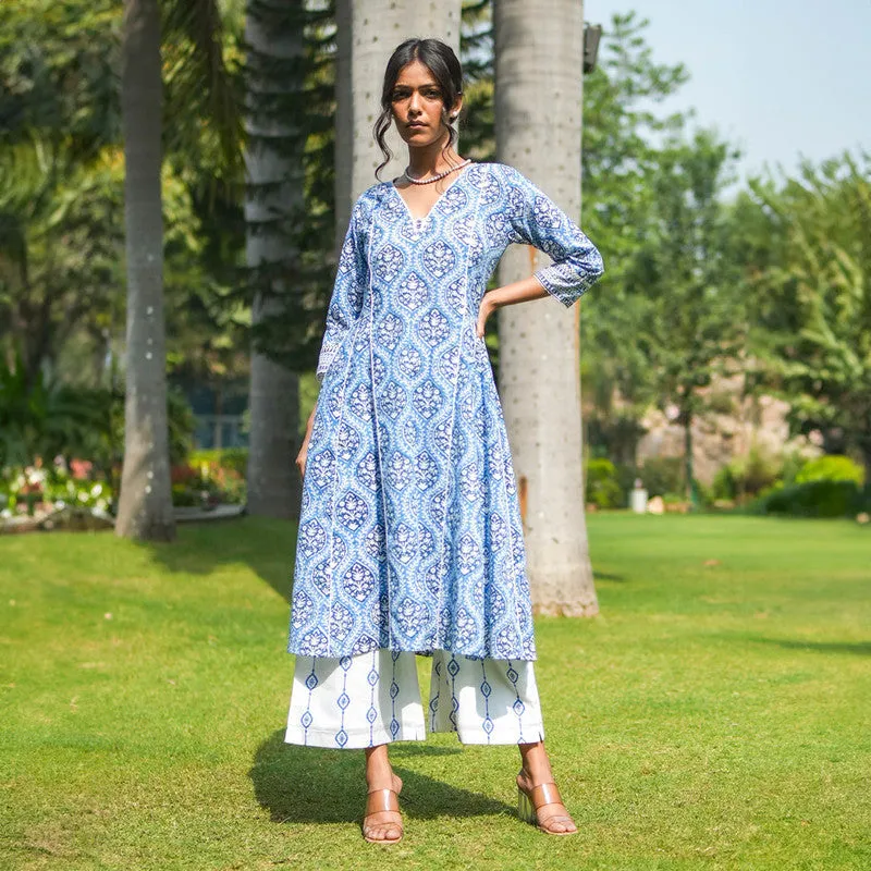 Cotton Flared Kurta Set for Women | Blue | Hand Embroidery