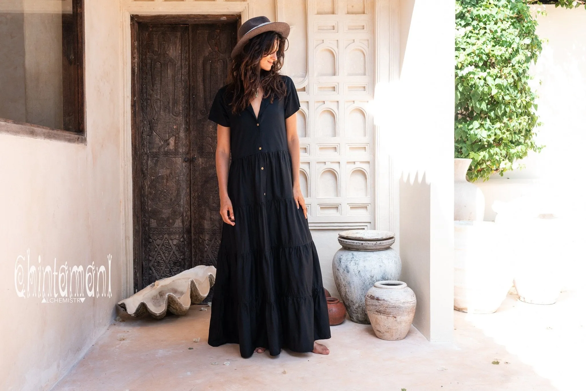 Cotton Maxi Shirt Dress / Black