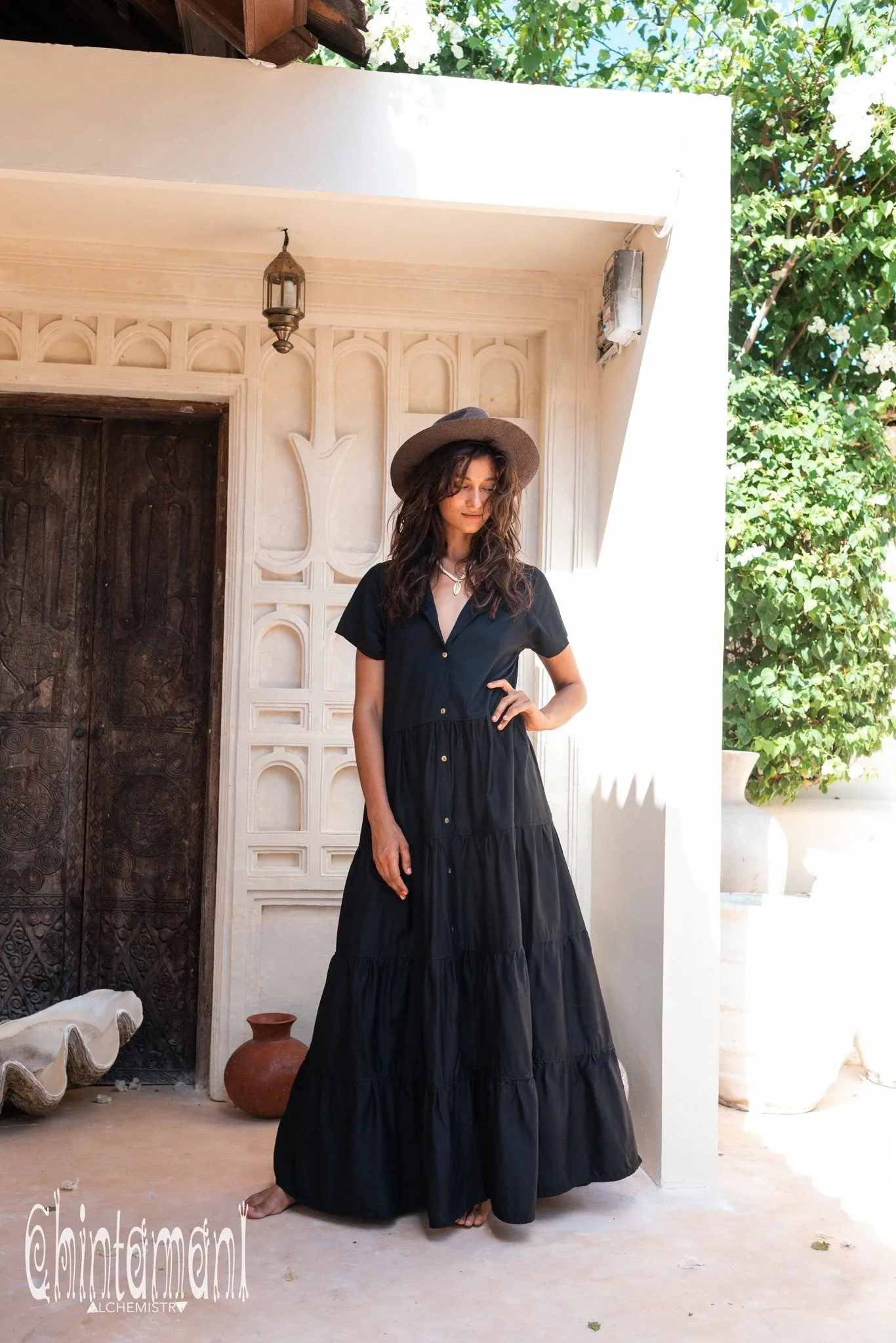 Cotton Maxi Shirt Dress / Black