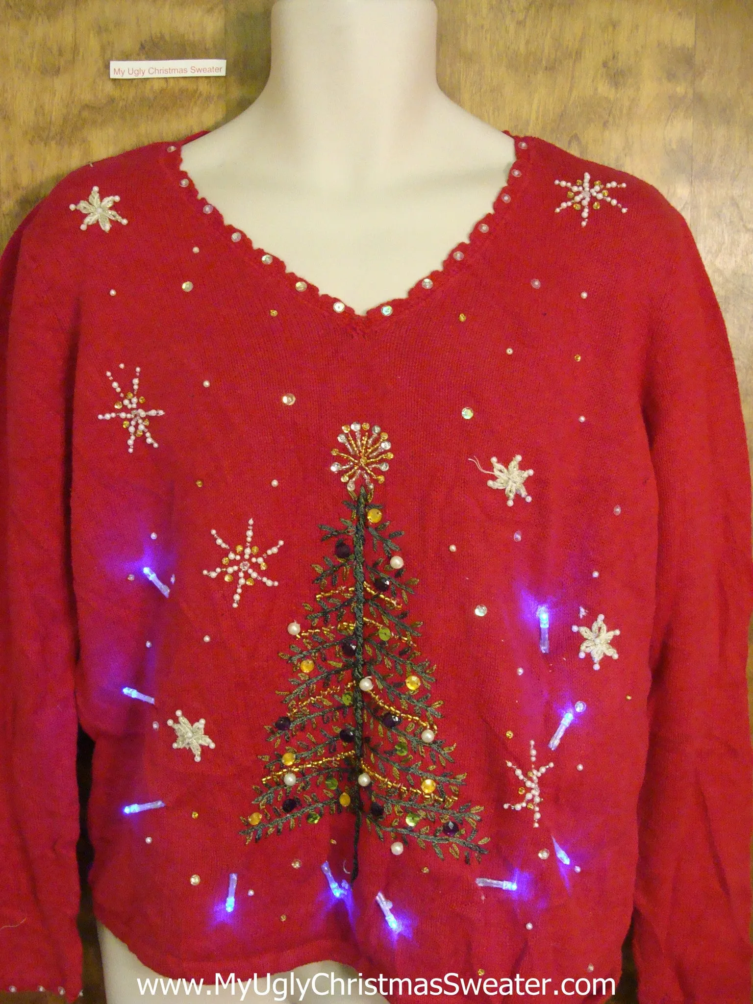 Crafty Red Tree Light Up Ugly Xmas Sweater