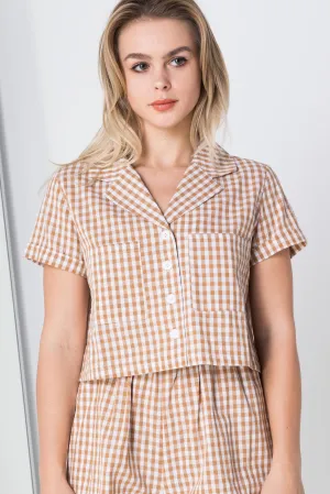 Daisy Street Brown Gingham Cropped Shirt in Brown