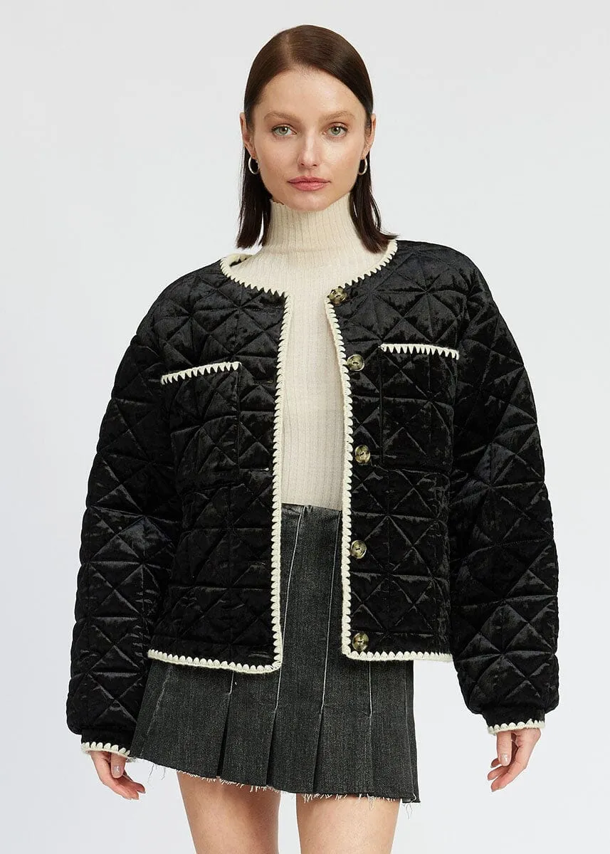 Delia Velvet Quilted Jacket - Black