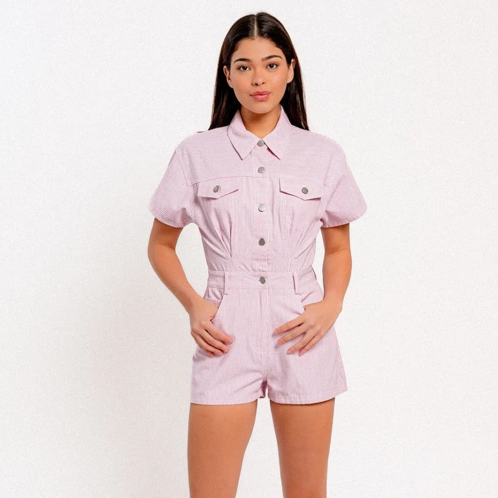 denim doll romper- flamingo pink stripe