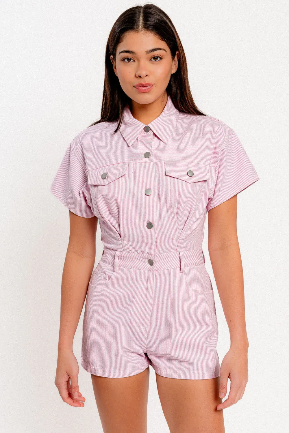 denim doll romper- flamingo pink stripe