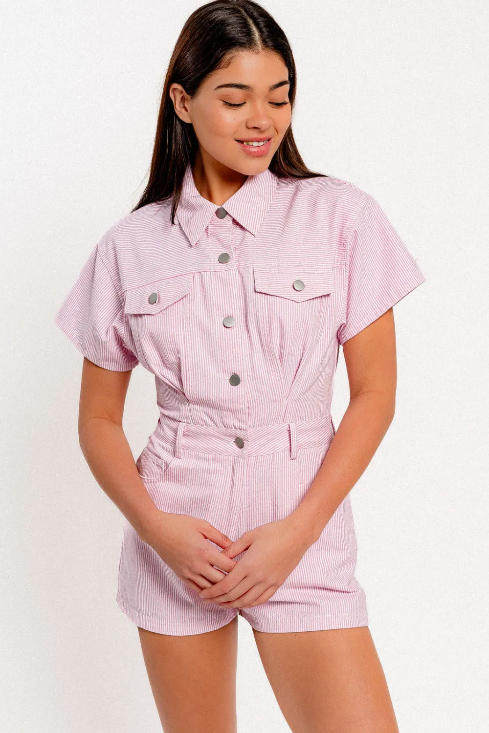 denim doll romper- flamingo pink stripe