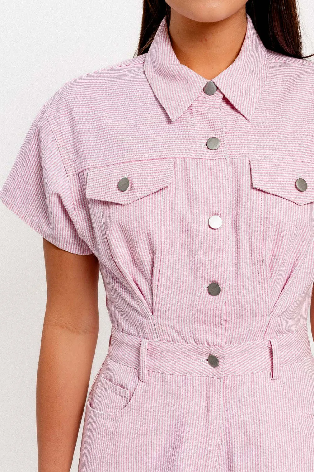 denim doll romper- flamingo pink stripe