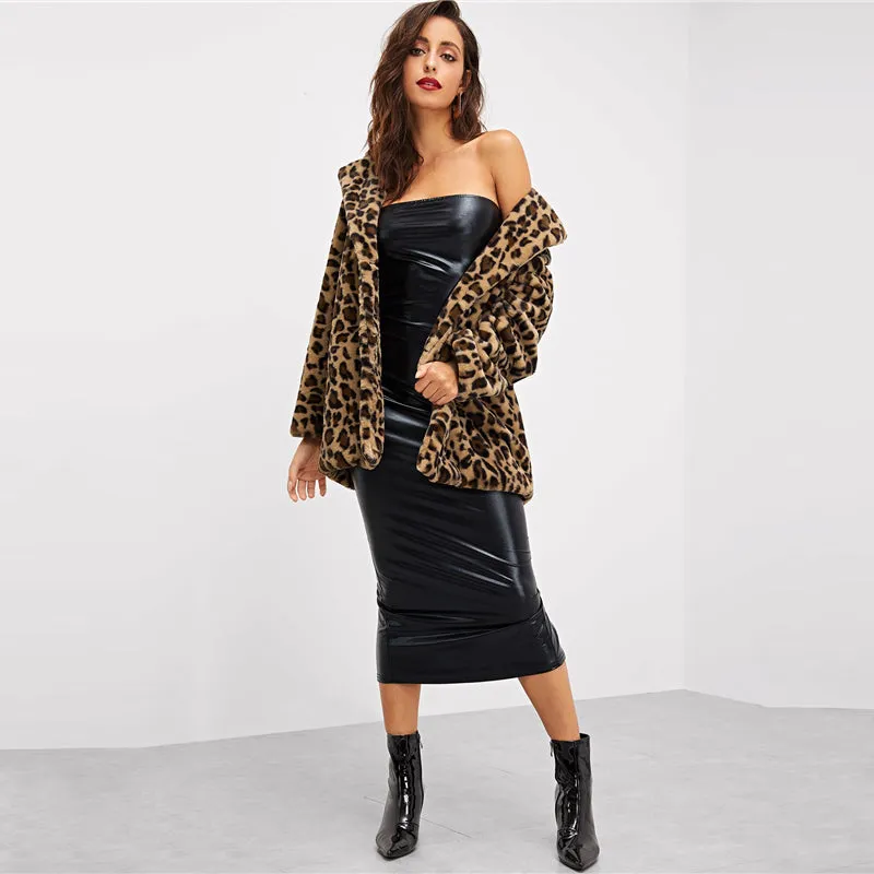 Elegant Leopard Print Faux Fur Coat Women Autumn Winter Jacket Outerwear 2019Warm Soft Overcoat Casual Womens Coats