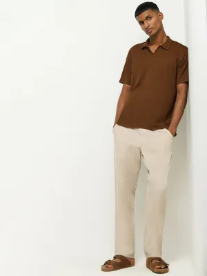 ETA Beige Mid Rise Cotton Blend Relaxed Fit Trousers