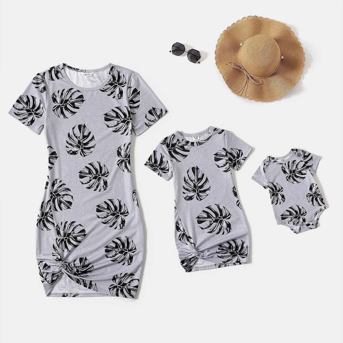 Family Matching Dress Palm Leaf Print Short-sleeve Twist Knot Bodycon Dress for Mommy and Me