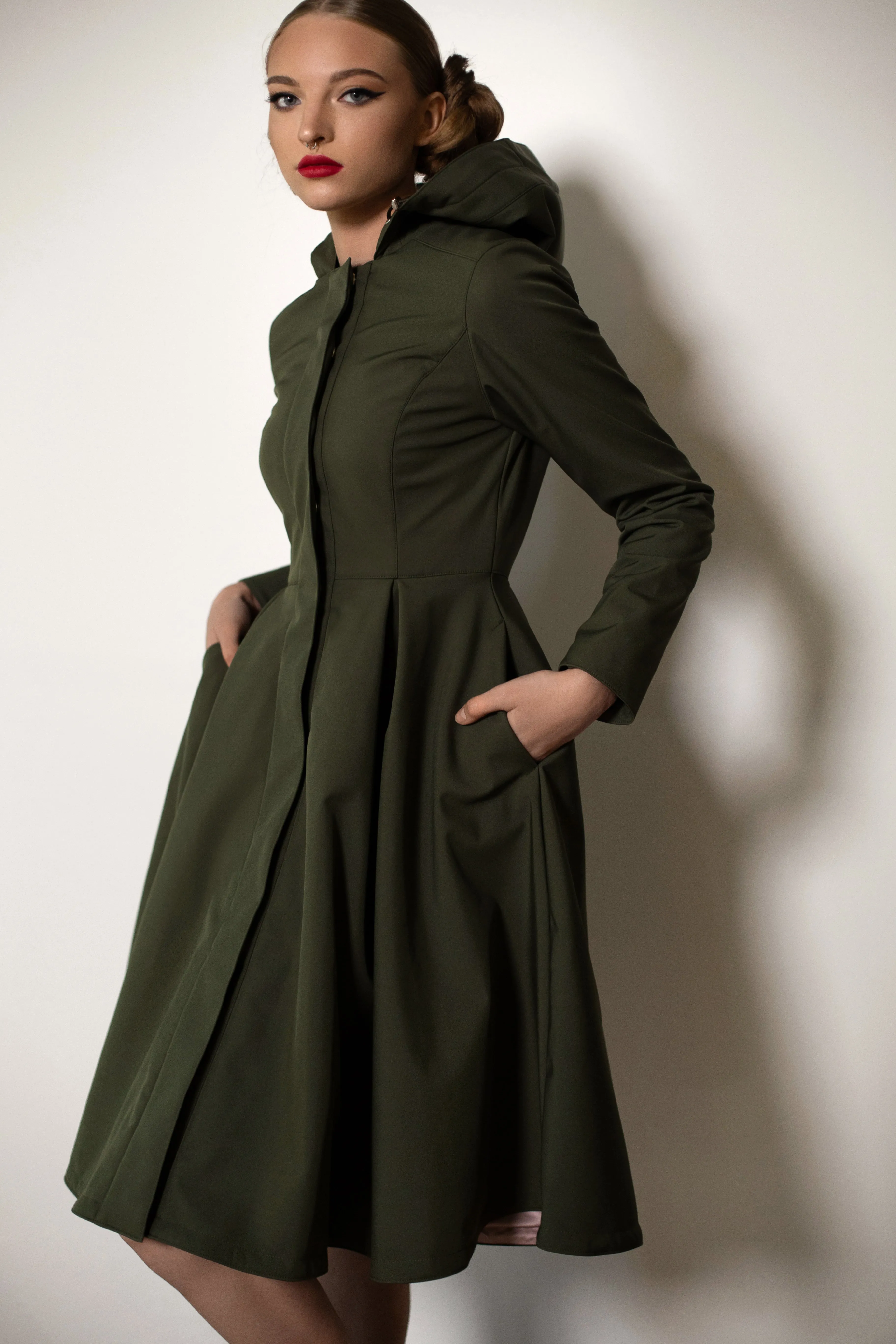 Fit and Flare Coat with Pleated Skirt in Khaki Green | 'Moss Green'