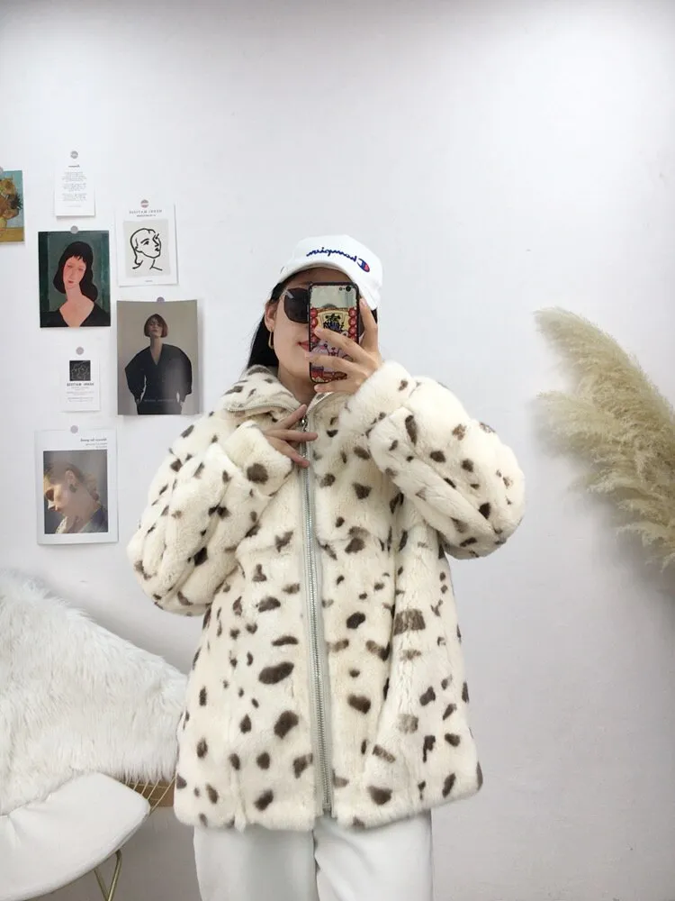 genuine brand 2023 Autumn And Winter Women Jacket New Real Coat Loose Warm Leopard Print Natural Fox Fur Luxury Fashion Outerwea